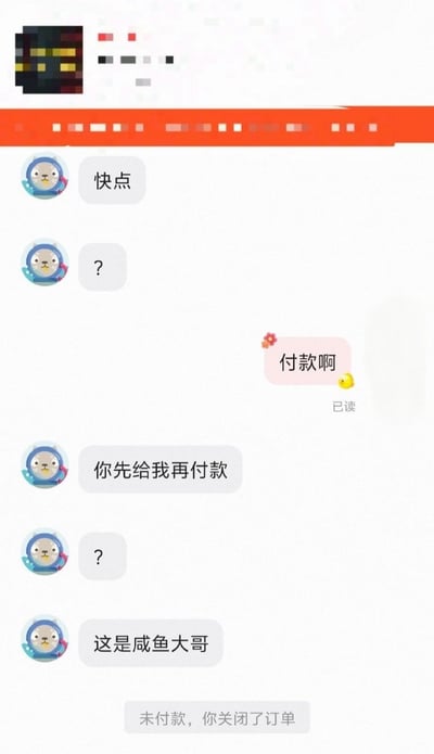 这是一张闲鱼APP的竖版交易聊天记录截图，左侧蓝色卡通头像的买家先发消息催促“快点”并发送问号，右侧粉色气泡的卖家回复催促买家付款，随后买家提出不合理要求，让卖家先交付商品自己再付款，又发问号并表示“这是咸鱼大哥”，可见买家完全不了解闲鱼的担保交易规则，误以为交易需要卖家先交货才收款，最后系统提示“未付款，你关闭了订单”，说明卖家直接取消了这笔交易，对话内容荒诞搞笑，充满戏剧性。