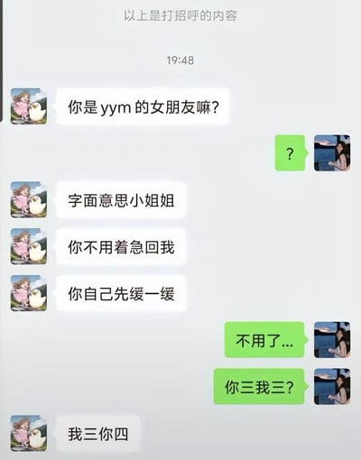 这是一张手机聊天记录截图，展示了两人的趣味对话场景。左侧用户（头像为粉色衣服女孩与白色鸭子）开场询问“你是yym 的女朋友嘛？”，右侧用户（头像为水边女孩）回以绿色问号气泡。随后左侧用户发送“字面意思小姐姐”“你不用着急回我”“你自己先缓一缓”等消息，右侧用户则以“不用了...”回应，并抛出“你三我三？”的疑问，最终左侧用户以“我三你四”收尾。对话充满调侃与反转，“你三我三”可能暗含网络迷因或特定圈子的幽默梗，整体氛围轻松搞笑。