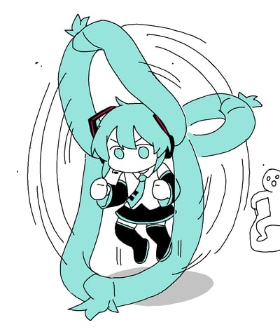 卡通风格的初音未来Q版形象，有着标志性的蓝绿色双马尾。她正以高速旋转，双马尾形成了一个圆形轨迹，身体呈现出坚定的表情和握拳的姿势。背景中有一个简化的小人形象，似乎在惊讶地看着旋转的初音未来。整个画面充满动感和活力，让人联想到初音未来的经典曲目《甩葱歌》中的场景。