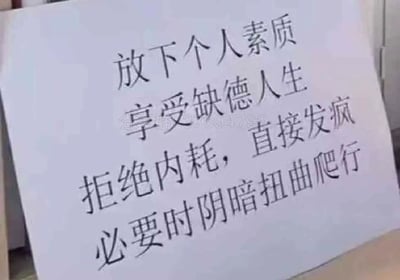 这是一张纯文字静态标语图，以黑色宋体字在白纸上呈现四行戏谑夸张的内容：“放下个人素质
享受缺德人生
拒绝内耗，直接发疯
必要时阴暗扭曲爬行”，图片中部带有“分享群237694793”的水印。该图用自嘲、摆烂式的口吻，精准戳中当代年轻人在面对职场压力、生活琐事时，不堪精神内耗，选择以极端戏谑的方式宣泄情绪、自我和解的心态，是当下流行的“发疯文学”的典型表现形式。