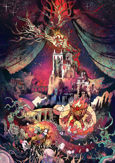 这幅插画展现了一个奇幻世界场景，画面中央是一座宏伟的城堡，矗立在色彩斑斓的山脉之上。城堡上方有一棵巨大的神秘树木，树枝向四周延伸，树干中似乎蕴含着火焰能量。背景是深邃的星空，点缀着星星和星云，两侧有巨大的彩色帷幕状元素。城堡周围分布着各种奇幻生物和建筑元素，整体色调以紫色、红色和蓝色为主，营造出神秘而壮丽的氛围。