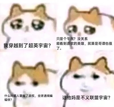 这是一张四格连环的文字加注式表情包，以网络流行的悲伤小猫（委屈流泪猫）插画为载体，通过四格画面递进展现了一个穿越者的心理变化：第一格中，角色带着疑惑的神态，配文“我穿越到了超英宇宙？”，表现出意外又期待的心情；第二格角色带着憧憬的表情，配文“只是个平民？没关系 能看到喜欢的英雄，就算是哥谭也值了”，体现出对超英宇宙的向往，哪怕身处以危险著称的哥谭市也不在意；第三格角色表情转为震惊，配文“什么叫超人掌握了政权，全球通缉蝙蝠侠？”，表现出对所处宇宙异常情况的错愕；第四格角色神态崩溃，配文“这他妈是不义联盟宇宙？”，揭示真相——穿越到的并非正常的DC超英宇宙，而是超人黑化掌权的《不义联盟》架空宇宙，巨大的心理落差形成了强烈的搞笑效果。
