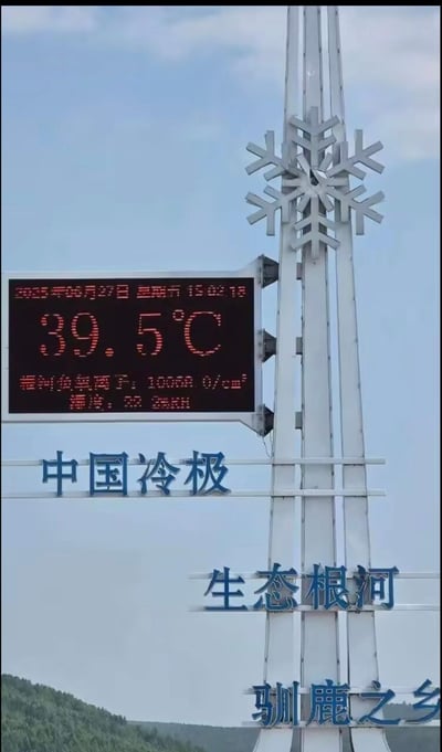 这张照片拍摄于有「中国冷极」之称的内蒙古根河市，画面中带有大型雪花造型的立柱十分醒目，上方的电子显示屏显示时间为2023年6月27日15:02:18，当前温度达到39.5℃，同时标注了负氧离子含量10068.0个/cm³、湿度30.2%RH。立柱下方依次配有「中国冷极」「生态根河」「驯鹿之乡」的字样，背景是晴朗蓝天与葱郁山林。作为以低温闻名的城市，根河出现如此高温，形成了强烈的视觉与认知反差。