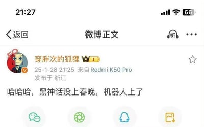 这是一张微博平台的社交媒体截图，展示了用户“穿胖次的狐狸”于2025年1月28日21:25发布的一条动态，发布设备为Redmi K50 Pro，地点在浙江。动态内容为“哈哈哈，黑神话没上春晚，机器人上了”，以幽默调侃的语气，表达了对2025年央视春晚节目内容的看法，遗憾《黑神话：悟空》相关内容未登上春晚，同时提及有机器人相关节目登上了春晚舞台，没有双关、谐音梗等特殊内容。