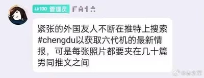 这是一张聊天记录截图，左上角显示带有“LV100 管理员”标识的卡通头像，头像人物闭眼歪头，表情慵懒。聊天框内的文字内容为：“紧张的外国友人不断在推特上搜索#chengdu以获取六代机的最新情报，可是每张照片都要夹在几十篇男同推文之间”。该内容的笑点在于英文语境下的谐音乌龙：“chengdu”（成都拼音）与英文“city dude”（在特定网络语境中常关联男同群体相关内容）发音相近，导致外国网友在推特搜索关联成都的六代机信息时，会大量刷出和男同相关的推文，形成了预期与结果错位的搞笑效果。
