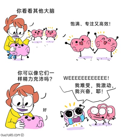 这是一幅四格连环卡通漫画，用拟人化的大脑形象调侃了人们试图让自己进入高效状态时的尴尬处境：第一格中，黄衣人物抱着无精打采、垂头丧气的自己的大脑，指着旁边欢快跑动的其他大脑，无奈地说“你看看其他大脑”；第二格展示了其他大脑兴奋活泼的模样，配文形容它们“饱满、专注又高效！”；第三格中黄衣人物转为期待的神情，问自己的大脑“你可以像它们一样精力充沛吗？”，自己的大脑也露出期待的表情；第四格中，自己的大脑没有变得正常高效，反而进入了一种亢奋又混乱的状态，一边大喊着“WEEEEEEEEEEEEEE! 我难受，我激动，我兴奋，耶！”一边狂奔，旁边的其他大脑则被这异常的状态吓到，露出惊讶无奈的表情。漫画精准戳中了很多人想努力却无法进入理想高效状态，反而陷入精神亢奋混乱的日常窘境，充满幽默自嘲的意味。