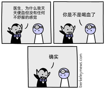 这是一幅由三格画面组成的连环卡通漫画，画面风格简约。第一格中，有着尖牙、身着黑色礼服配紫色领结的吸血鬼抬手向造型极简的医生提问，面露疑惑地表示自己天天出现便血症状却没有任何身体不适；第二格中，医生以平静的语气反问吸血鬼是否喝了血；第三格中，吸血鬼露出恍然大悟的神情，承认了医生的说法。漫画巧妙利用吸血鬼以血为食的经典设定，将现实中令人担忧的便血症状与吸血鬼的饮食习惯结合，制造出荒诞又好笑的冷幽默效果，通过错位的医疗问答场景达成喜剧反差。