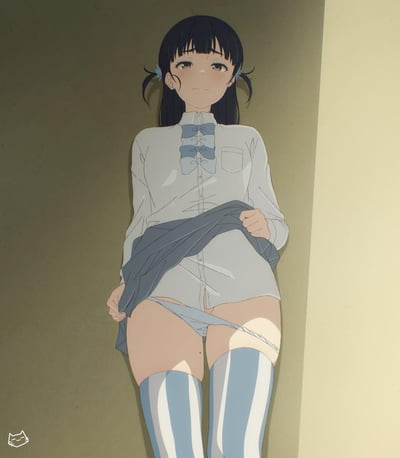图中是一位深色双马尾的AI原创二次元少女，身着带有蓝色层叠领结的浅色制服衬衫，正双手分别拉起自己的灰色外套和浅色内裤，身体部分裸露，脸上带着羞涩、委屈的窘迫神情，整体画面呈现出私密、难为情的氛围。
无双关、谐音梗或暗示类内容。
