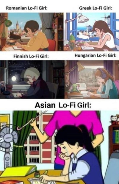 这张梗图以经典的 Lo-Fi Girl 学习场景为基础，搞笑对比了不同国家（罗马尼亚、希腊、芬兰、匈牙利）Lo-Fi Girl 的和平学习状态，并以夸张手法呈现了“亚洲 Lo-Fi Girl”受到家长监督、家长拿着戒尺监督学习的情境。整体内容以幽默手法讽刺了对亚洲家庭“虎妈式”学习氛围的刻板印象。

本图有明显的文化对比和夸张，最后一格属于“梗图式调侃”，利用Lo-Fi Girl Meme与亚洲教育压力梗结合制造反差效果。

并没有政治性内容，仅为轻松幽默调侃。