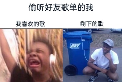 这是一张左右对比的网络梗图，顶部标注文字为“偷听好友歌单的我”，将收听好友歌单时的心情用两种极端的画面呈现：左侧是戴着白色耳机、情绪激动到失控大哭的人，对应文字“我喜欢的歌”，表现出听到合自己口味的歌曲时狂喜到失态的状态；右侧是戴着白色耳机、蹲在蓝色垃圾桶旁，表情落寞惆怅的人，对应文字“剩下的歌”，表现出听到不符合自己喜好的歌曲时的无奈与失落。整图通过强烈的画面反差，调侃好友歌单里的歌曲质量参差不齐，自己在收听时的心情如同坐过山车，从狂喜瞬间跌入谷底，精准戳中很多人收听他人歌单时的真实体验，引发共鸣。