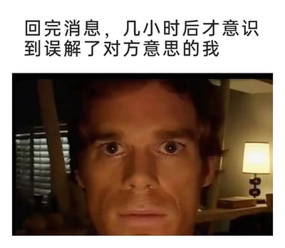 这是一张贴合日常社交尴尬场景的表情包，上方配有文字“回完消息，几小时后才意识到误解了对方意思的我”，下方是美剧《嗜血法医》中主角戴克斯特的特写画面：他双眼圆睁，面部僵硬，眼神里充满了震惊、懊悔与不知所措，精准还原了人们在事后才反应过来自己误解了他人消息含义，回想起来时那种社死、崩溃又无力的心情，很容易引发人们在社交沟通中的共鸣。