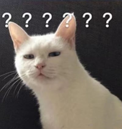 一张白猫的特写照片，猫咪有着一只蓝色一只绿色的异色瞳孔，表情看起来十分困惑。猫的头顶上方有一排六个白色的问号，强化了这种困惑的情绪。背景为纯黑色，使得白猫和问号更加突出。这张图片通常被用作表情包，表达对某件事情感到疑惑、不解的情绪。