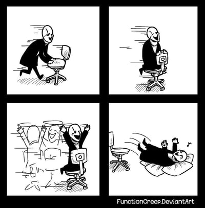 这是一幅四格黑白卡通连环漫画：第一格，穿西装的办公室职员兴奋地推着带滚轮的办公椅，表情充满期待；第二格，他坐在办公椅上，抱着椅背快速滑行，脸上洋溢着开心的笑容；第三格，他在滑行过程中仿佛置身于过山车场景，周围出现欢呼的虚影，自己也高举双手欢呼，模拟过山车的刺激体验；第四格，他从办公椅上摔下来，躺在地上的纸张上，表情惬意满足，办公椅则滑到了一边，旁边还有一个音符，显得十分放松。