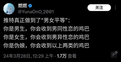 一张推特截图，用户'燃燃'(@YunaOnO_2001)发布了一条关于'男女平等'的讽刺性帖子，内容提到无论性别身份如何，用户都会收到不适当的 explicit 图片。帖子发布于2024年3月28日，获得了1.7万次查看。