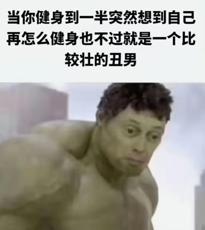 这是一张网友自制的搞笑扎心梗图，上方配有文案「当你健身到一半突然想到自己再怎么健身也不过就是一个比较壮的丑男」，下方是将企业家埃隆·马斯克的脸部P到漫威角色绿巨人浩克强壮身体上的合成图像，马斯克震惊又沮丧的表情，完美契合了健身途中突然自我怀疑的无奈情绪，用夸张的合成画面放大了这种扎心又好笑的感受。