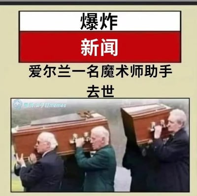 这是一张图文结合的搞笑梗图，上方以红白醒目标题栏呈现“爆炸新闻”字样，下方标注文字“爱尔兰一名魔术师助手去世”。配图是一张具有强烈视觉错位效果的图片：画面中实际是三位老年男性抬着一具棺材，但由于拍摄角度的原因，看起来像是四位男性抬着两具棺材。这张图通过结合魔术师助手的职业特性——常配合完成“人体消失”类魔术表演，与“去世”的新闻、视觉错位的抬棺画面，制造出一种仿佛是魔术失误导致意外的荒诞笑点，用夸张调侃的方式来博人一笑。