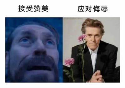 这是一张左右对比的梗图，通过两张不同表情和姿态的威廉·达福照片，幽默地展现人们面对赞美和侮辱时的不同反应。左侧标题为'接受赞美'，对应一张人物仰头凝视、表情严肃的照片；右侧标题为'应对侮辱'，则是人物手持粉色花朵、表情自信从容的照片。通过强烈的反差制造出喜剧效果，反映了人们在社交场合中可能展现的不同心理状态。