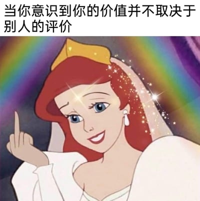 这是一张经过P图改编的卡通表情包，以迪士尼动画《小美人鱼》中的爱丽儿公主为主体，原本温柔的公主形象被修改为面带微笑、对着镜头比出中指的姿态，同时在角色的头发和额头处添加了闪亮的星光特效。图片上方配有文字“当你意识到你的价值并不取决于别人的评价”，通过这种带点叛逆感的洒脱姿态，生动地传递出摆脱他人评价束缚、认可自我价值的态度，适合用来表达不在意他人眼光、自我肯定的心情。