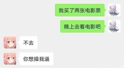 这张梗图以微信聊天截图的形式出现，一位用户用“我买了两张电影票”和“晚上去看电影吧”试图邀请对方约会，却被女生用“你想操我逼”的谐音双关机智回怼，幽默中带点暧昧。常用于调侃社交邀约、恋爱试探等场合。