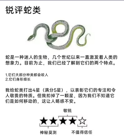 这是一张以“锐评蛇类”为主题的趣味图文混排梗图。顶部是标题与一张绿灰相间的蛇的蜷曲插图；正文部分以模仿商品评价的口吻，先调侃式总结了蛇的两个特点：大部分种类会咬人、身形细长，接着给蛇类打出4星（满分5星），给出的评分理由是认可蛇类的专注与令人敬畏的特质，但因不清楚蛇的移动方式而扣掉一星，表达了对此的不安；底部是一个带有文字标注的星级评分条，星级从左到右对应“神秘莫测”到“不值得信任”的评价维度，4颗实星对应“敏锐”的标注，空星位于最右侧。整体内容采用拟人化、荒诞幽默的评价方式，对蛇类进行趣味吐槽，风格轻松搞笑，充满网感。