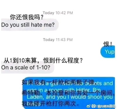 这是一张中英双语对照的聊天记录静态截图，呈现了一段充满黑色幽默的对话。对话分为三轮：首先提问者询问对方是否还憎恨自己，对方给出明确的肯定答复；接着提问者要求对方用1-10的分值量化恨意程度，回复者则通过一个极端的假设场景来表达极致的不满——假设在同一房间内有希特勒、本拉登（公认的邪恶人物）和提问者，自己持有一把枪和两颗子弹，会选择向提问者射击两次。这段回复通过将提问者与臭名昭著的人物并列，且优先攻击提问者两次的夸张设定，用戏谑的方式放大了对提问者的恨意，笑点十足，是对网络经典吐槽梗的本土化改编。