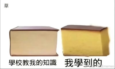 这是一张左右对比结构的搞笑梗图，左侧展示了一本厚重完整的厚皮书，对应下方配文“學校教我的知識”，用来指代学校教授的知识体量非常庞大；右侧展示了一块被啃掉大半、仅剩下小部分的长崎蛋糕，对应下方配文“我學到的”，用来夸张调侃自己实际吸收掌握的知识非常少，大部分学习内容都没有真正学会。图左上角单独标注的“草”是中文网络常用吐槽用语，表达无语、自嘲的情绪，进一步强化了吐槽学习效果差的情绪。