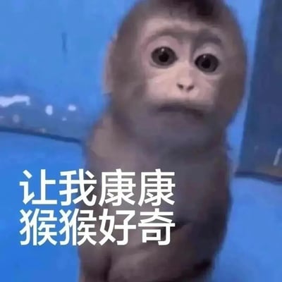 一张以猴子特写为主体的表情包，猴子睁着圆溜溜的大眼睛，表情充满好奇。图片下方配有文字'让我康康 猴猴好奇'，其中'康康'是'看看'的谐音，增加了趣味性。整体画面简洁，蓝色背景突出猴子的面部表情，适合表达好奇、想了解某事的情绪。