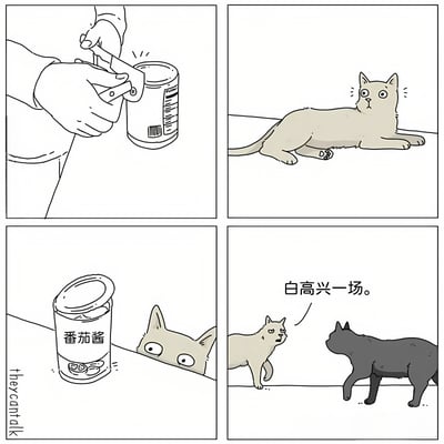 四格连环漫画描绘了一只灰色猫咪的搞笑误会：当听到主人用开罐器打开罐头的声音时，猫咪兴奋地惊醒，以为是美味的猫罐头。然而凑近一看，发现罐头标签上写着“番茄酱”，并非猫食。最后猫咪对着走来的黑色猫咪无奈地说“白高兴一场。”，展现了宠物对食物的期待与落空的可爱反应。