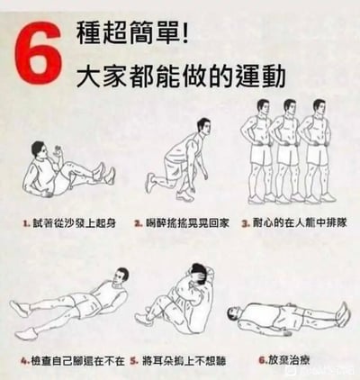 这是一张充满幽默讽刺意味的图文梗图，标题为“6种超简单！大家都能做的运动”，用六组手绘卡通插画搭配文字说明，将生活中那些无奈、摆烂、日常化的行为戏称为“运动”，制造出强烈的反差笑点：1. “试着从沙发上起身”对应半躺在沙发上、费力试图起身的人物，调侃现代人久坐沙发后起身的艰难；2. “喝醉摇摇晃晃回家”对应呈现出醉酒后踉跄姿态的人物，还原醉酒走路不稳的状态；3. “耐心的在人龙中排队”对应三个并排站立、双手叉腰排队的人物，调侃排队时的漫长与无奈；4. “检查自己脚还在不在”对应平躺抬起双腿、查看脚部的人物，用夸张的方式调侃身体疲惫时的恍惚感；5. “将耳朵捂上不想听”对应坐着、双手紧捂耳朵的人物，表现出不想接收信息的抗拒心态；6. “放弃治疗”对应平躺地面、四肢摊开的人物，传递出摆烂、破罐破摔的情绪。整张图用轻松搞笑的方式，精准戳中现代人在生活中遇到的疲惫、无奈时刻，引发共鸣。