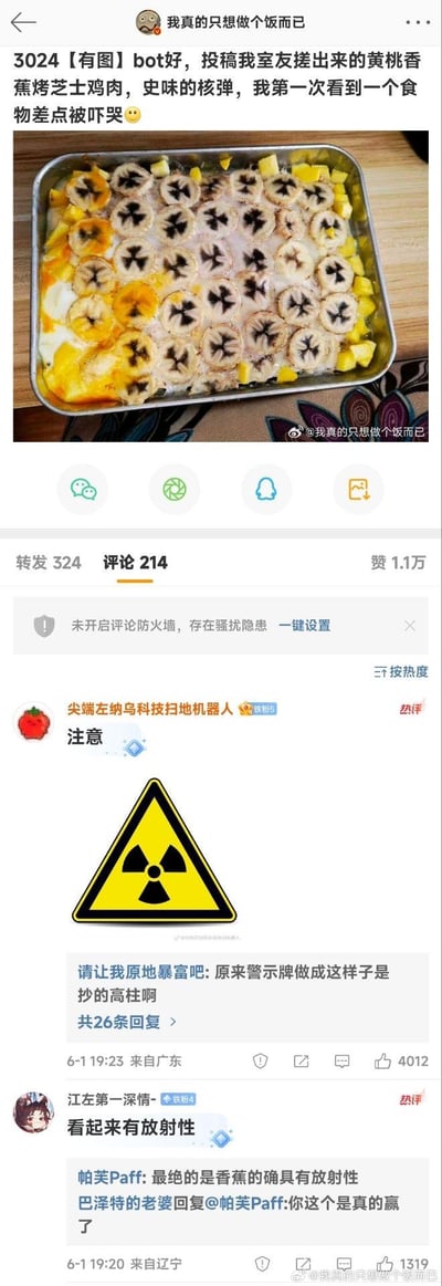 这是一条来自微博的投稿内容，博主分享了室友制作的「黄桃香蕉烤芝士鸡肉」成品，烤后的香蕉片排列和形态看起来酷似核辐射标志，被博主吐槽是「史味的核弹」，甚至表示看到食物差点被吓哭。评论区网友纷纷玩梗，用核辐射警告标志和「有放射性」的评论调侃这道菜的离谱卖相，同时结合香蕉本身带有微量放射性的知识点，让玩梗更有笑点。
**玩梗说明**：香蕉确实含有微量放射性物质钾-40，网友结合这点和菜品的视觉效果，把这道黑暗料理和核辐射联系起来，形成搞笑的反差梗。