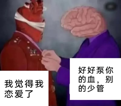 这是一张改编自经典影视场景的搞笑梗图，将场景角色替换为拟人化的心脏与大脑。左侧的拟人心脏身着带勋章的红色制服，配文“我觉得我恋爱了”，呈现出陷入恋爱的感性状态；右侧的拟人大脑穿着紫色上衣，正伸手整理心脏的衣领，配文“好好泵你的血，别的少管”，以理性务实的态度回应心脏的恋爱情绪。这张图通过生理器官的拟人化对话，生动调侃了恋爱时感性本能与理性思维之间的冲突，充满趣味。