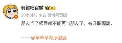 这是一张微博截图，内容为用户“弱智吧官微”发布的帖子。帖子包含一个卡通金发女孩头像，头像旁有认证标识和“Ⅱ”等级标识。发布时间显示为“20小时前”，来源为“微博网页版”。帖子正文内容为：“朋友当了领导就不能再当朋友了，有升职隔离。”并标注引用自“@笨笨草莓冰激凌”。整体风格轻松幽默，通过“升职隔离”的说法调侃了朋友间因职位变化可能产生的关系变化。