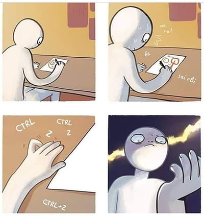 这是一幅四格连环漫画，第一格：一个卡通小人正专注地在纸上画画；第二格：他发现自己画错了，露出慌张懊悔的表情，纸上标注着“oh no!”和越南语“sai rồi（糟了）”，表现出他的懊恼；第三格：他对着画纸做出电脑撤销操作的Ctrl+Z手势，纸上标注着“CTRL Z”，试图用电子设备的操作来挽回现实中的失误；第四格：小人眼神空洞，背景出现闪电，整个人呈现出崩溃绝望的状态，因为现实中无法像电脑一样撤销失误，制造出荒诞又共鸣的笑点，调侃了现代人过度依赖电子设备操作的习惯。