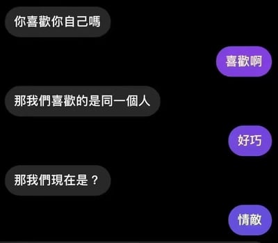 这是一张纯文字对话梗图，采用聊天对话的形式呈现。黑色背景上有交替出现的灰色和紫色对话气泡，内容是一段关于自我喜欢的幽默对话：一方问"你喜欢自己吗"，对方回答喜欢后，前者说"那我们喜欢的是同一个人"，对方回应"好巧"，最后前者问"那我们现在是？"，对方回答"情敌"。通过巧妙的逻辑转折制造笑点，将自我接纳的话题转化为幽默的情敌关系设定。