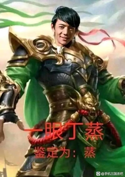 这张梗图是一则基于“一眼丁真”网络热梗的二创表情包：把真实人物丁真的头部合成到三国杀游戏中的武将（疑似关羽）身上，形成一种戏谑感。画面左下叠有大字“一眼丁蒜”，下方写“鉴定为：蒜”，明显是对“一眼丁真，鉴定为真/假”经典梗的魔改。这里利用“丁真”与“丁蒜”的谐音做反差，既调侃了丁真本身的网络形象，又玩了蒜（算）的双关，也让三国杀与当下流行梗文化碰撞出反差幽默。此类图片广泛用于讽刺、搞笑和冷笑话场合，尤其受年轻群体欢迎。

**谐音双关说明**：
- “丁蒜”=“丁真”谐音，又与“关蒜”形象（疑似关羽变体）结合。
- 文字结构模仿“鉴宝”类节目，也是贴吧型反话吐槽风格。