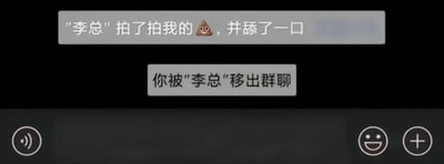 这是一张模拟微信群聊界面的截图，展示了两条连续的系统消息。第一条消息显示“李总”拍了拍“我”的💩（ poop 表情）并舔了一口，紧接着第二条消息提示“你被‘李总’移出群聊”。整个画面以黑色为背景，底部有微信聊天界面常见的静音按钮、表情按钮和加号按钮，通过夸张荒诞的“拍了拍”互动内容制造幽默效果，讽刺了职场中可能遇到的奇葩上级行为。