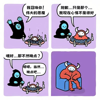 四格漫画描绘了一个搞笑场景：蓝脸巫师兴奋地召唤恶魔，红恶魔却沮丧地表示自己心情不好。巫师体贴地提议晚点再召唤，恶魔同意后独自坐在椅子上。通过反差萌展现了恶魔人性化的一面，制造幽默效果。
