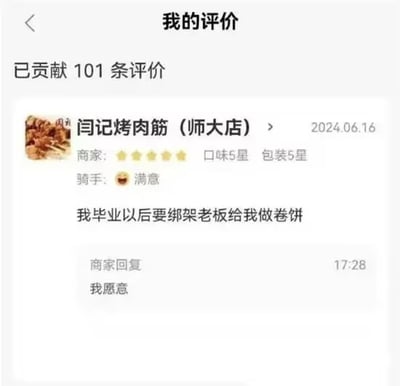 这是一张社交媒体截图，展示了用户在评价平台上对'闫记烤肉筋（师大店）'的趣味互动。用户给出五星好评（口味5星、包装5星）后幽默留言'我毕业以后要绑架老板给我做卷饼'，商家俏皮回复'我愿意'，形成轻松搞笑的对话。画面清晰呈现商家名称、评分、骑手满意度及双方互动内容，整体氛围诙谐有趣。