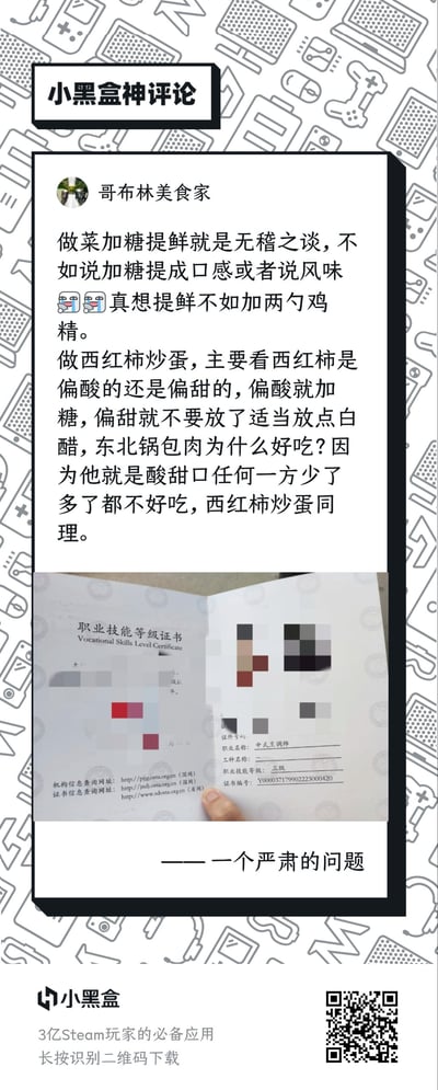图片为小黑盒平台的“神评论”截图，上方是用户“哥布林美食家”关于烹饪技巧的评论，讨论做菜加糖与加鸡精的争议，举例西红柿炒蛋和东北锅包肉的调味逻辑；下方配图为一本打开的《职业技能等级证书》，部分信息被打码，底部标注“—— 一个严肃的问题”，形成幽默反差。背景为游戏手柄、主机等黑白线条图案，底部有小黑盒平台标识及二维码。