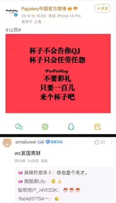 这是一张拼接截图，上方是Papakey中国官方微博于2025年4月16日发布的营销内容，使用“杯子不会告你QJ，杯子只会任劳任怨”这种低俗擦边、关联性侵事件的不当文案，搭配“不要彩礼，只要一百几，来个杯子吧”的文案推销自家杯子，试图用敏感话题博眼球；下方是某论坛的评论区，用户simaliuwei评论“wc发国男财”，其他用户回复表示认同，该营销内容因低俗擦边和不当关联引发争议。
