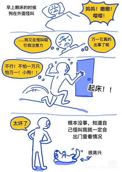 这是一幅四格连环漫画，以蓝色线条手绘风格展现了主人与小狗的清晨日常。第一格：主人躺在床上，眉头紧锁，旁边黄色对话框写着狗在外面发出“呜呜！嗷嗷！嘤嘤！”的怪叫。第二格：主人捂着头，内心OS“……狗又在怪叫吸引我注意力”和“万一它真的出事了呢”，表情担忧。第三格：主人突然惊醒，大喊“不行！不怕一万只怕万一！小狗！！”，并冲向蓝色的门，旁边配文“起床！！”。第四格：主人叉腰站在地上，看着满地打滚、尾巴摇摆的小狗，无奈地说“太坏了”，内心想着“根本没事，知道自己怪叫我就一定会出门查看情况”，而小狗则标注“很高兴”。整个漫画通过夸张的表情和对话，展现了宠物与主人之间既无奈又温馨的搞笑互动。