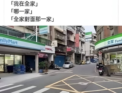 图上部是一段对话：“我在全家” “哪一家” “全家对面那一家”，下半部是一张街景照片，画面中路对面两边各有一家“全家 FamilyMart”便利店。整个梗图围绕“全家”便利店的分店数量多、容易撞店展开了谐音双关和幽默情境，表现了“全家对面也有全家”的奇特场景，让人一时间分不清在说哪家便利店。整体氛围轻松、搞笑，属于现实生活中的趣图。