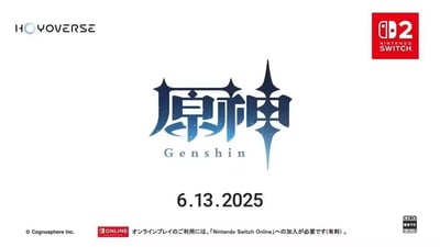 这是一张游戏《原神》(Genshin Impact)登陆Nintendo Switch平台的官方宣传图。画面中央是醒目的《原神》蓝色渐变logo，下方标注了发布日期"6.13.2025"。左上角有HOYOVERSE的标志，右上角则是Nintendo Switch的红色标志。底部包含版权信息"© Cognosphere Inc."和任天堂在线服务提示，以及CERO游戏分级标识。