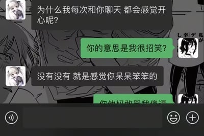 这是一张模拟聊天对话的梗图，展示了两个动漫风格角色的有趣互动。左侧为白发双马尾角色，右侧为黑发角色。对话内容展现了一种可爱的拌嘴：白发角色说和黑发角色聊天很开心，黑发角色误以为自己很招笑，白发角色解释说感觉对方呆呆笨笨的，最后黑发角色似乎有些生气地质问。背景采用黑白漫画风格，底部有类似聊天软件的界面元素。