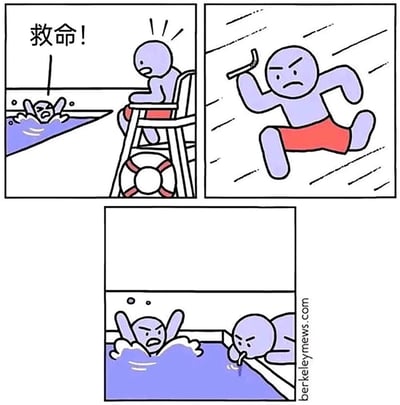 这是一组三格无厘头搞笑漫画：第一格中，泳池里的人正在水中挣扎，大喊“救命！”，坐在瞭望椅上的救生员露出惊讶的表情看向他；第二格，救生员手持哨子，表情愤怒，快速朝着泳池冲去，看起来要立刻展开救援；第三格剧情反转，救生员并没有下水救人，反而趴在泳池边吐水，而原本溺水的人看到这一幕后更加愤怒地在水中挣扎，救生员的行为完全没有起到救援作用，用离谱的反转制造喜剧效果。