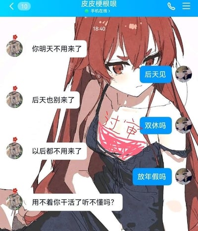 这张图模仿了微信/QQ的聊天记录，左侧（疑似老板/上司）不断以委婉到明确递进的方式让对方“明天不用来了”“以后都不用来了”，实际上说明对方已被辞退。但右侧的人完全没有理解，对每条消息都接话成“后天见”“双休吗”“放年假”，表现了一种社畜自嘲、厚脸皮或神经大条的网络恶搞氛围。中央搭配手绘二次元红发少女，胸口写着“过审”，带出一定二次元宅味和网络迷因属性。

此图的双关、暗示明显：“不用来了”一般是委婉辞退，这里却被当作休假福利来接话，形成搞笑反差。