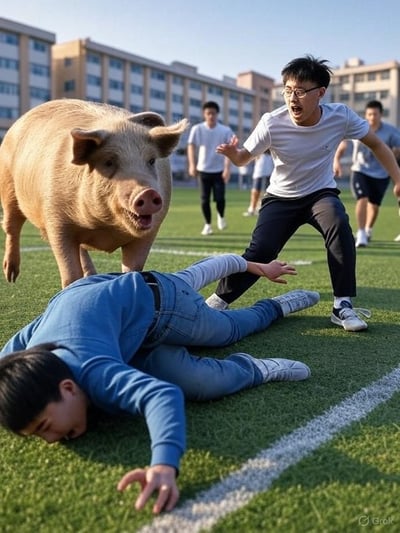 校园操场上发生惊险一幕：一只体型壮硕的猪突然闯入，导致一名穿蓝色上衣的学生摔倒在地。猪张着嘴，似乎正向倒地学生靠近，另一名戴眼镜穿白色T恤的学生则惊恐地张开双臂，表情夸张地后退。背景中还有几名学生正在跑动或观望，远处可见教学楼群。整个场景充满戏剧性和紧张感，展现了意外事件发生时的混乱瞬间。