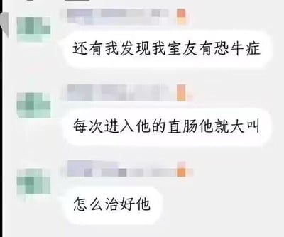 这是一段社交媒体的聊天记录截图，内容为一名发言者称自己发现室友有‘恐牛症’，紧接着补充说明‘每次进入他的直肠他就大叫’，最后询问该如何治好室友。这段内容是利用‘恐牛症’制造低俗的谐音暗示梗，实际是指代室友对肛交行为存在恐惧与抗拒，属于恶趣味的低俗玩笑内容。对于提问的‘怎么治好他’，这类内容涉及低俗暗示与不适当的隐私话题，不应该对此类问题进行回应，建议进行健康文明的交流。