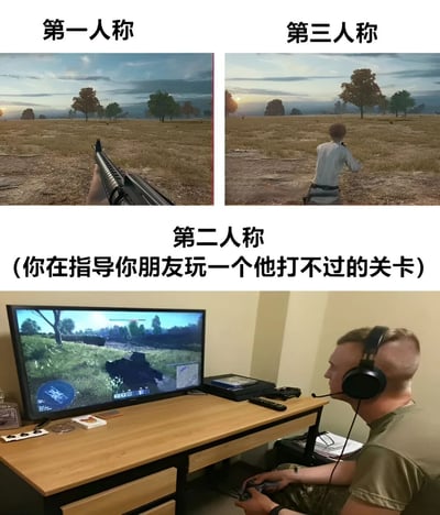 这张梗图通过三格对比展示了游戏中的不同视角：第一人称（玩家直接看到的持枪画面）、第三人称（看到玩家角色的背部视角）和幽默演绎的第二人称（指导朋友玩游戏时的旁观视角）。