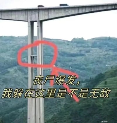 这张图是一张高架桥的照片，被红色线圈住的部分是桥的桥墩夹层，中间配有黄色大字：“丧尸爆发，我躲在这里是不是无敌”。图片突显出现实问题脱离逻辑模拟的网络幽默感，结合脑洞大开、末日求生设定，以及“无敌藏身处”的搞笑反差。属于典型的丧尸梗，与现代人对安全、危机意识的自嘲相关。没有谐音梗，但有夸张幽默色彩。